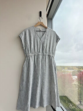Grae Cove Joan 100% Linen Striped Elastic Waist Midi Dress Coastal Resort Sz XL